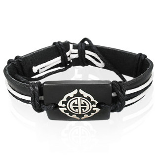 Bracelet en cuir noir et corde avec plaque en os  symbole tribal