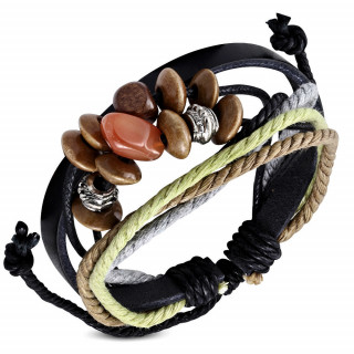 Bracelet en cuir noir et cordes multicolores avec perles diverses