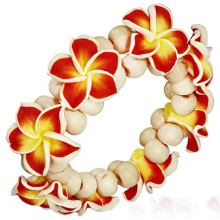 Bracelet estival  perles de bois et fleurs flamboyantes en fimo