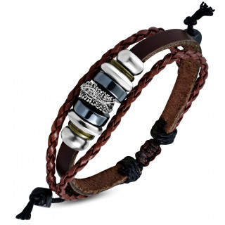Bracelet ethnique  tresses et lanire de cuir avec perles anneles en mtal