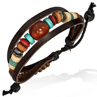 Bracelet ethnique en cuir avec perles multicolores en enfilades