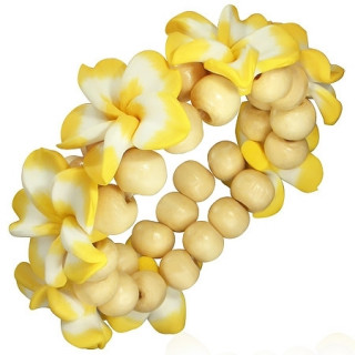 Bracelet exotique  fleurs fimo jaunes et perles de bois