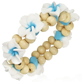 Bracelet fantaisie  fleurs tropicales en fimo et perles rondes