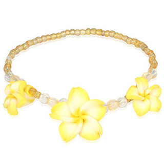 Bracelet fantaisie jaune  perles et fleurs Plumerias