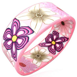 Bracelet fantaisie rose bonbon à fleurs blanches et violettes