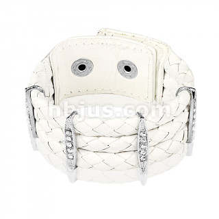 Bracelet femme en cuir blanc tressé avec barettes de strass clairs