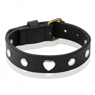 Bracelet femme en cuir noir  coeurs et rivets mtal