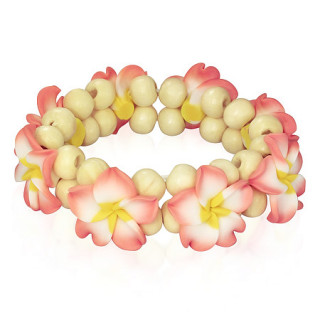Bracelet fleurs roses des iles en fimo et perles en bois clair