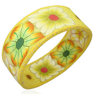 Bracelet flexible large  fleurs tropicales sur bandeau jaune