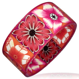 Bracelet fuschia  motif fleurs tropicales roses et oranges