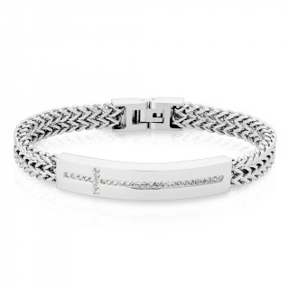 Bracelet-gourmette homme en acier à maillons en V et croix de pierres