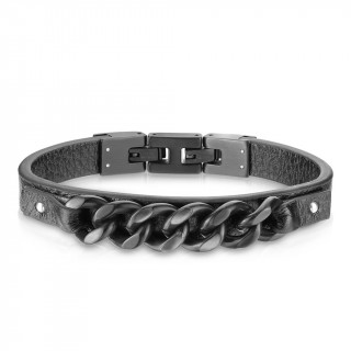 Bracelet homme  bande de cuir et maillon noirs en acier