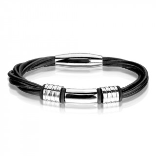 Bracelet homme  lanires similicuir noires et cylindres inox