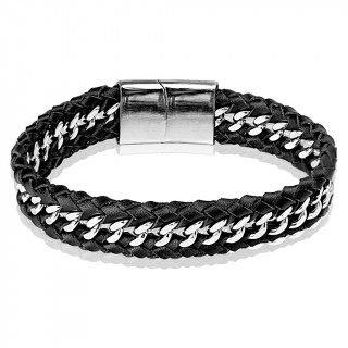 Bracelet homme  maille gourmette et cuir tress