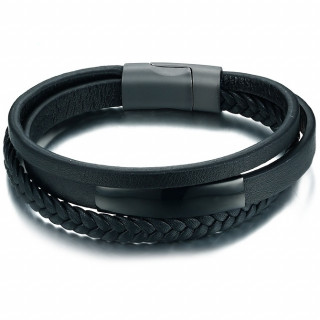 Bracelet homme  plaque d'acier, lanires et tresse de cuir