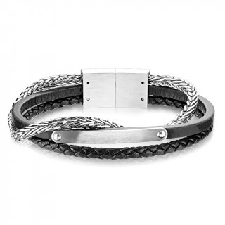 Bracelet homme  plaque, tresses de cuir et d'acier