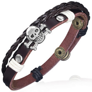 Bracelet homme  tte de mort, tresse et ruban de cuir rivet