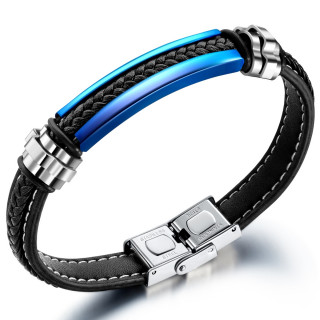 Bracelet homme  tresse similicuir borde de plaques d'acier bleues