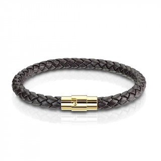 Bracelet homme  tresse similicuir marron et attache acier dor