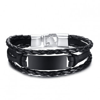 Bracelet homme  tresses de cuir et plaque mtal noire