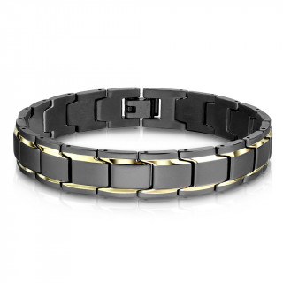 Bracelet homme acier à mailles chenille noires avec liseré doré