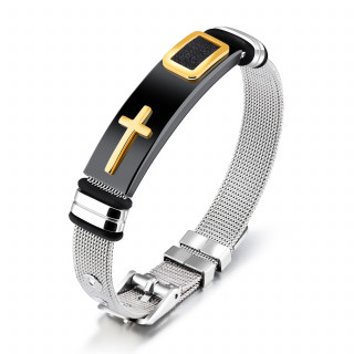 Bracelet homme acier mailles tisse  plaque noire avec croix dore