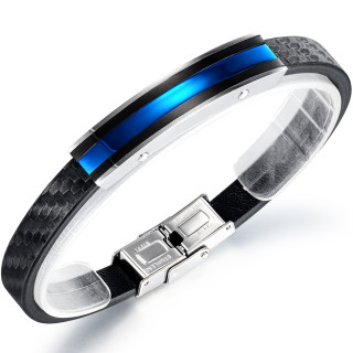 Bracelet homme aspect tiss  bande d'acier  lignes noires et bleues