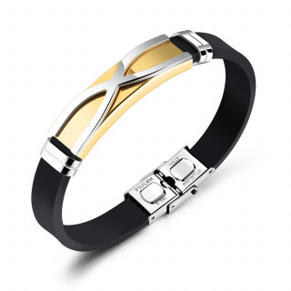 Bracelet homme avec plaque d'acier dorée à ondulations croisées