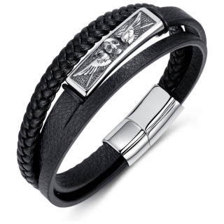 Bracelet homme biker similicuir  plaque avec Crne ail