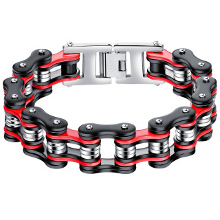 Bracelet homme chaine mcanique large en acier rouge, noir et gris