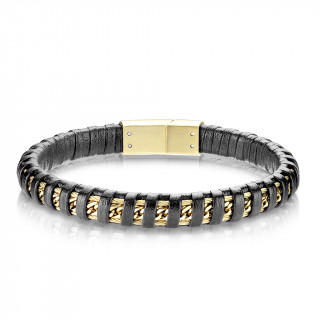 Bracelet homme cuir noir  chaine et filins dors