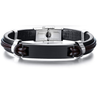 Bracelet homme cuir noir et marron  plaque acier noire