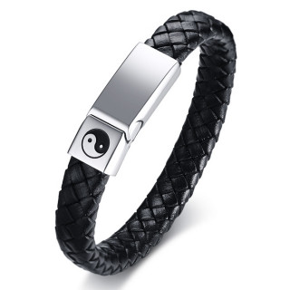 Bracelet homme cuir tress noir  plaque d'acier Yin et Yang