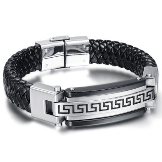 Bracelet homme cuir tress noir  plaque labyrinthe