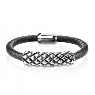 Bracelet homme  cylindre Inox gauffr et tresse similicuir