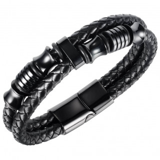 Bracelet homme double tresse cercl de bagues noires en acier style mcanique