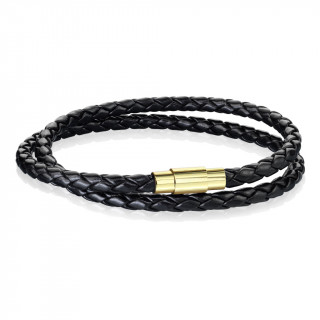 Bracelet homme double tresse similicuir cuir noire  attache dore