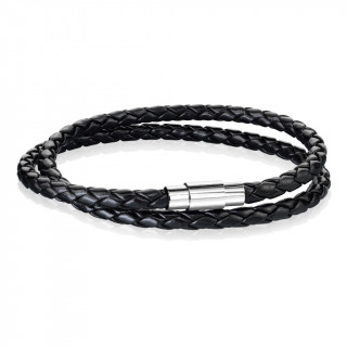 Bracelet homme double tresse similicuir cuir noire  attache mtal