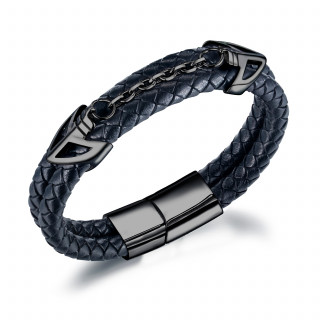 Bracelet homme double tresse similicuir  flches d'acier noires