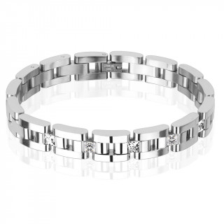 Bracelet homme en acier  barettes alternes et 5 pierres carres