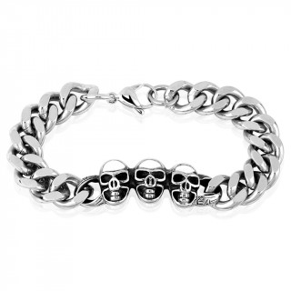 Bracelet homme en acier  maillons ovales et trio de cranes