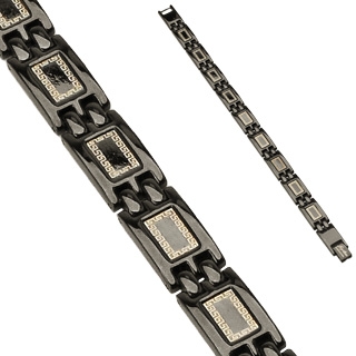 Bracelet homme en acier  plaques noir laqu avec motif labyrinthe