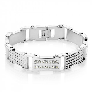 Bracelet homme en acier à plaques pyramides et pierres claires