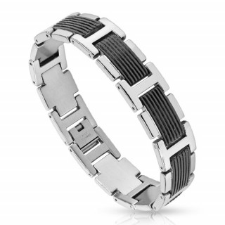 Bracelet homme en acier argent avec plaques noires rainures