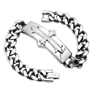 Bracelet homme en acier avec croix trfle sur large plaque