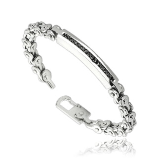 Bracelet homme en acier style chaine de vlo avec barre sertie de pierres noires