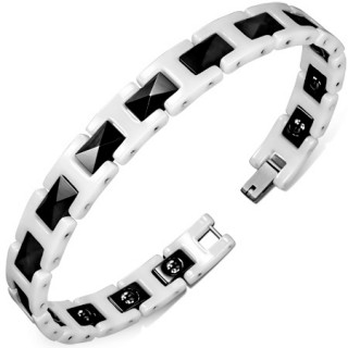 Bracelet homme en céramique à maillons en "H" blanches et pyramides noires