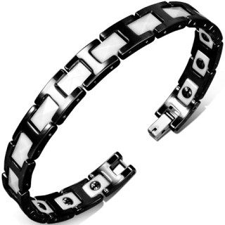 Bracelet homme en cramique  maillons en "H" noires et pyramides blanches