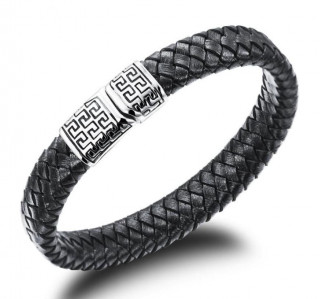 Bracelet homme en cuir noir tress avec attache  motif labyrinthe