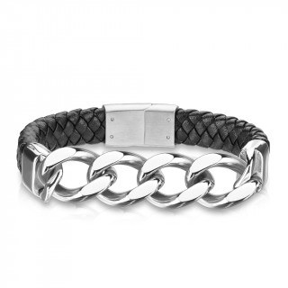 Bracelet homme en cuir noir tress et maillons d'aciers croiss